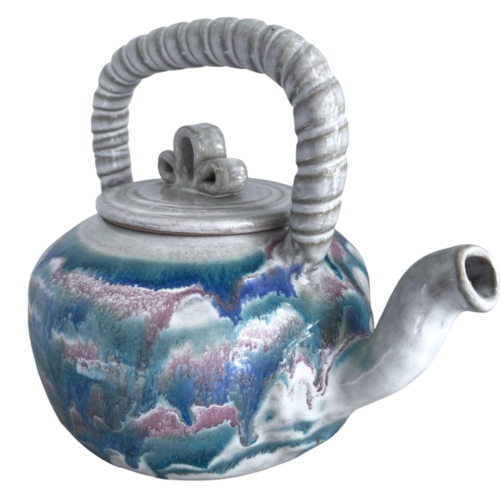 Small House Pottery Teapot With Lid Sanger Texas Blue & Pink Ceramic Artisan